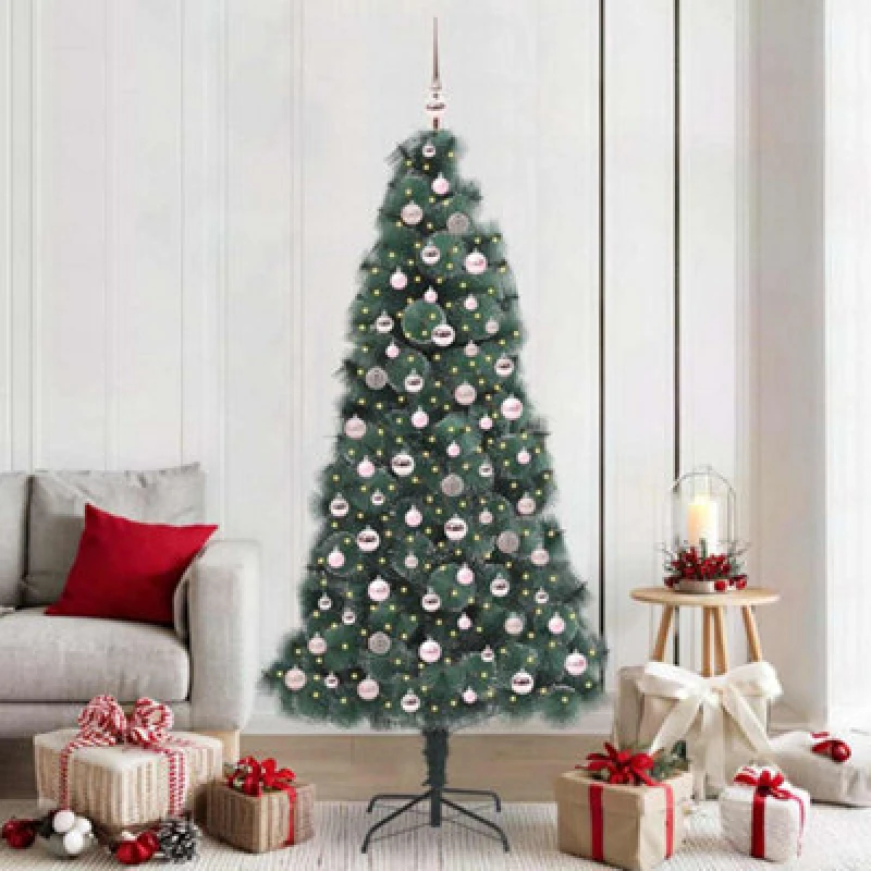 Image of vidaXL Artificial Pre-lit Christmas Tree with Pink Ball Set Green 210 cm, Green 3396180