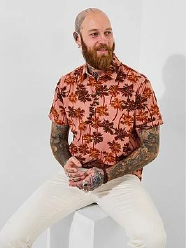 Image of Joe Browns Joe Browns Men Palm Tree Print Short Sleeve Shirt in Pink Size: Small Pink S Male 5059953283133