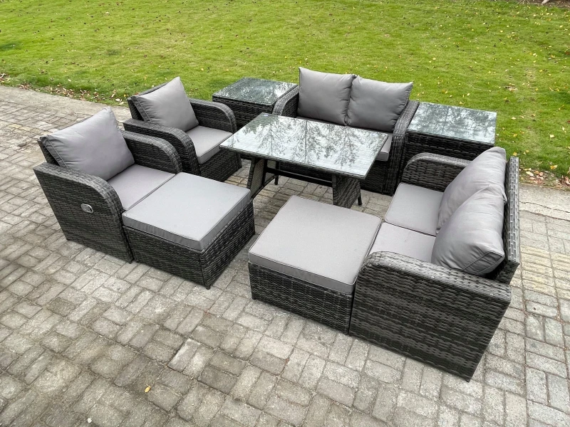 Image of Fimous 8 Seater Wicker PE Rattan Garden Dining Set Outdoor Furniture Sofa with Rectangular Dining Table 2 Side Tables 2 Big Footstool Dark Grey