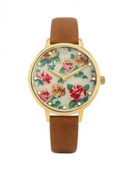 Image of Cath Kidston Cath Kdiston Somerset Rose Flower Printed Dial Tan Leather Strap Watch