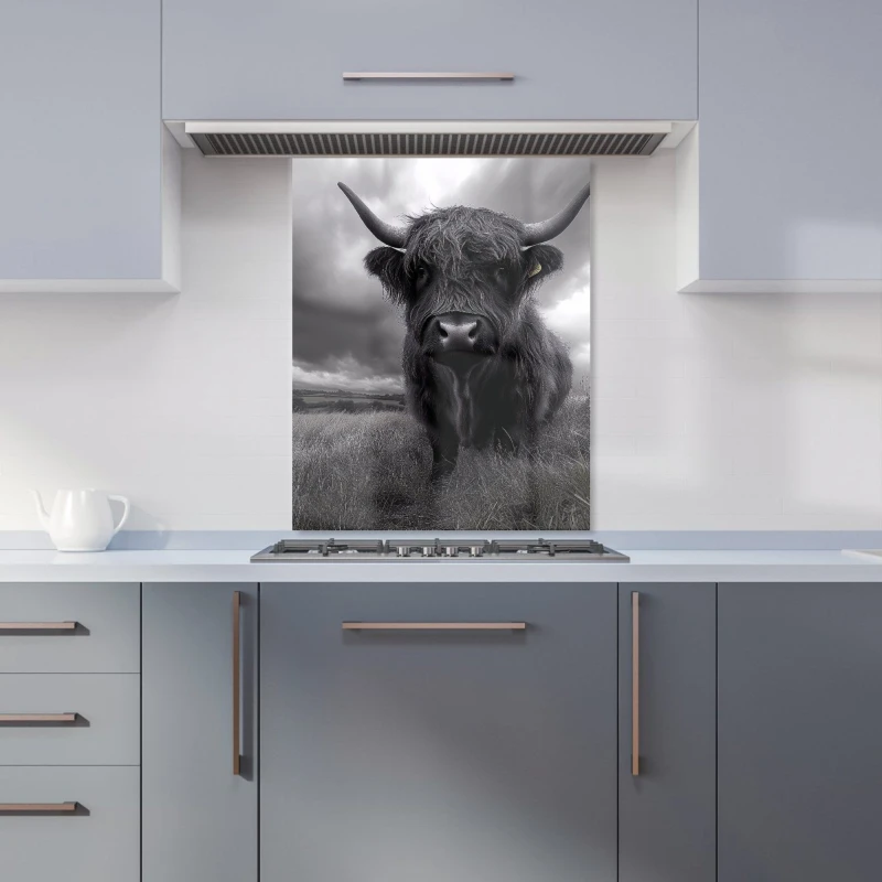 Image of Warren Reed - Designer Black & White Highland Cow Kitchen Splashback in Grey Size: 600mm x 750mm Grey Unisex 600mm x 750mm