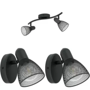 Image of Twin Ceiling Spot Light & 2x Matching Wall Lights Black Mesh Adjustable Head