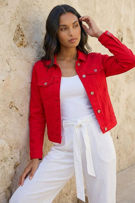 Image of Roman Womens Classic Cotton Denim Jacket in Red Size: 16 Red Female 16