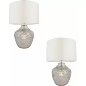 Image of 2 pack Grey Tinted Faceted Glass Twin Table Lamp & Vintage White Fabric Shade