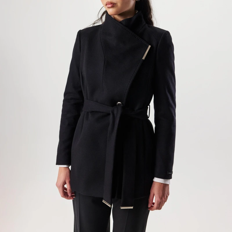Image of Ted Baker Womens Wool Short Belted Overcoat Black female 8 (XS)