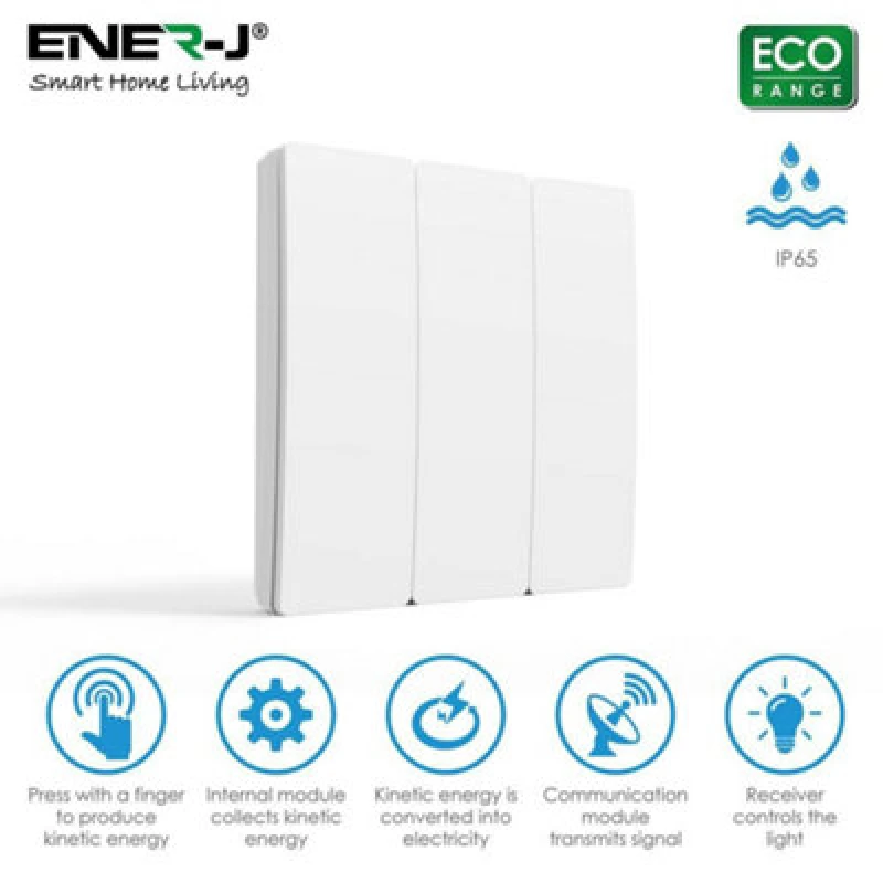 Image of Ener-J Ener - J Wireless Kinetic 3 Gang Switch Silver Ip56 Waterproof Battery Free Wall Switch