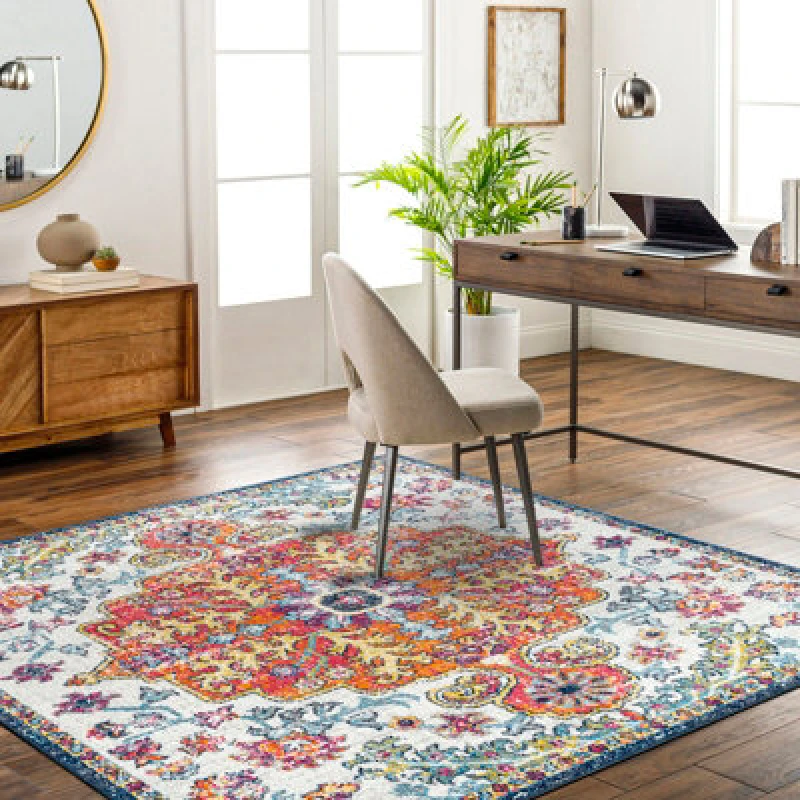 Image of Livabliss Square Vintage Oriental Boho Saffron/navy Lou Area Rug 120 X 120 Cm - Easy Care, Non Shedding, Ideal For Living Room & Bedroom