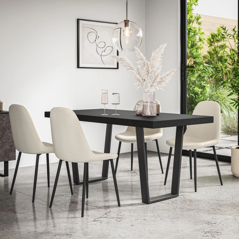 Image of More4Homes Aria Dining Table And Chairs - Black Table Top W Black Legs + Maya Boucle Dining Chair Set Of 4 (Ivory White)