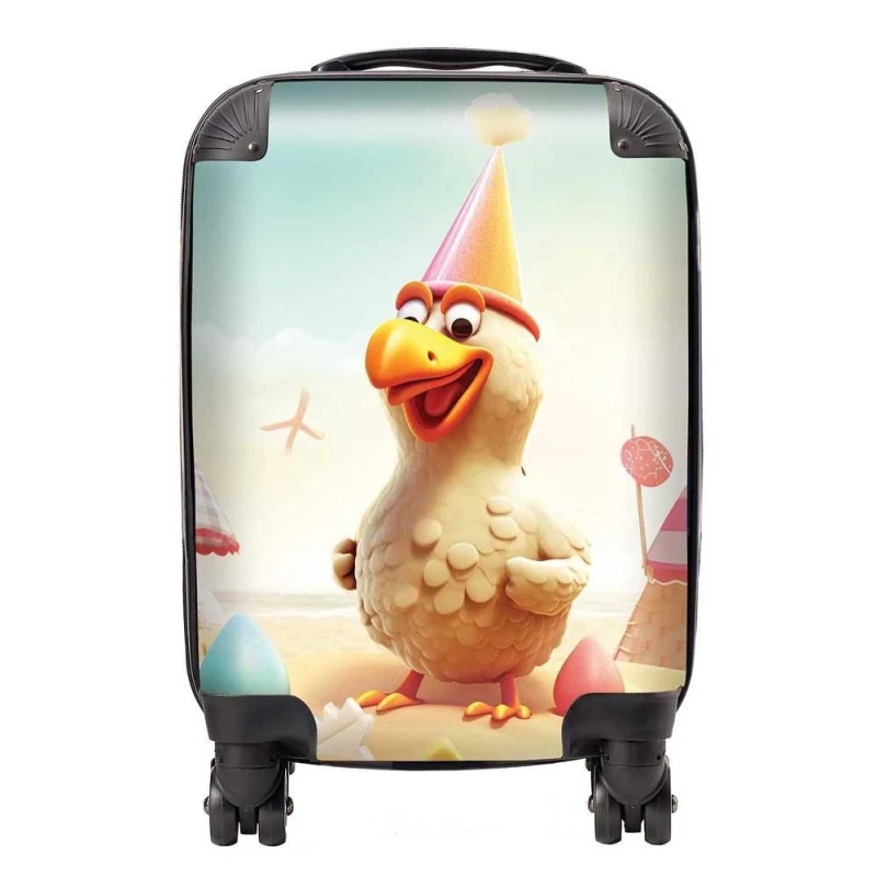 Image of Warren Reed - Designer Funky Chicken On A Beach Holiday Suitcase in Yellow Size: Large Yellow Unisex Large