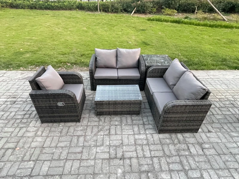 Image of Fimous High Back Rattan Garden Furniture Set with Loveseat Sofa Rectangular Coffee Table Side Table Indoor Outdoor Patio Lounge Sofa Set Dark Grey Mix