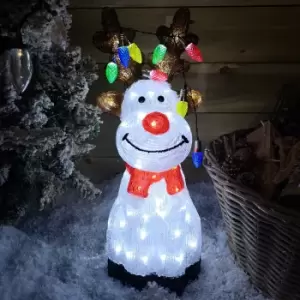 Image of 50cm Outdoor Acrylic Sitting Ice White Christmas Reindeer with Multi Coloured LED Lights on Antlers