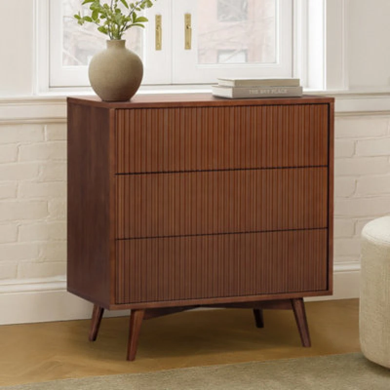 Image of Teamson Home Tremolo Chest Of Drawers 3 Fluted Push-Open Drawer Bedroom Dresser, Walnut