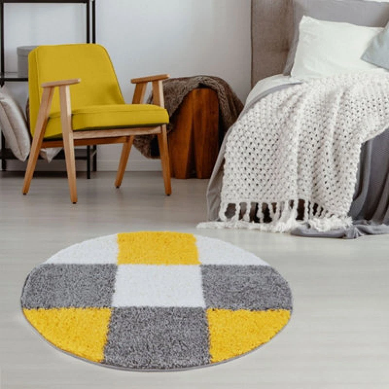 Image of THE RUGS Fluffy & Soft Shaggy Rugs Living Room Rug in Yellow - Elegant Geometric Design Carpets For Bedrooms & Kitchen 381 Size: 120cm diameter Y