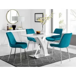 Image of Atlanta 4 White Dining Table and 4 Blue Pesaro Silver Leg Chairs - Blue