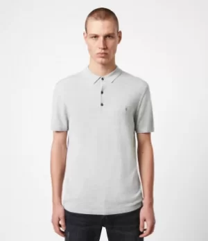 Image of AllSaints Mens Premium Merino Wool Slim Fit Mode Short Sleeve Polo Shirt, Grey, Size: L