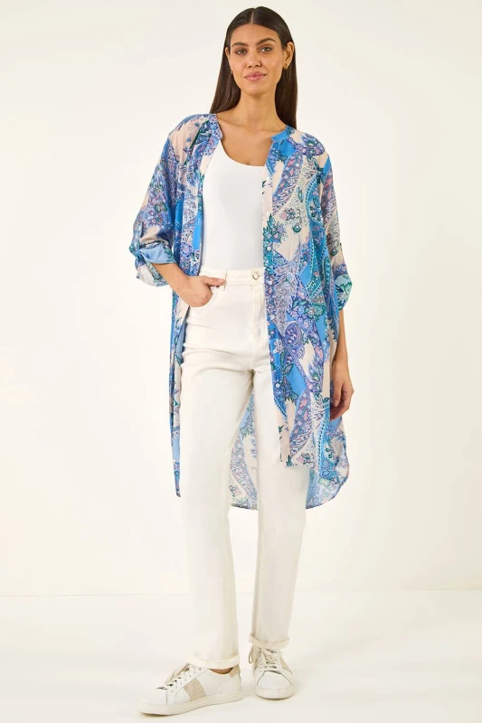 Image of Roman Womens Paisley Print Longline Blouse in Blue Size: 10 Blue Female 10