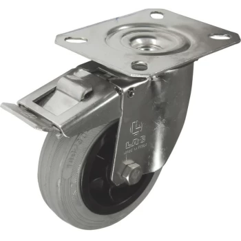 Image of Atlas Workholders - SS Braked Swivel Plate 100MM Grey Rubber Tyre