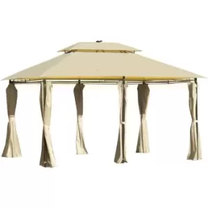 Image of 4 x 3(m) Outdoor Gazebo Canopy Party Tent Garden Pavilion Patio Shelter w/ LED Solar Light, Double Tier Roof, Curtains, Steel Frame, Khaki - Outsunny