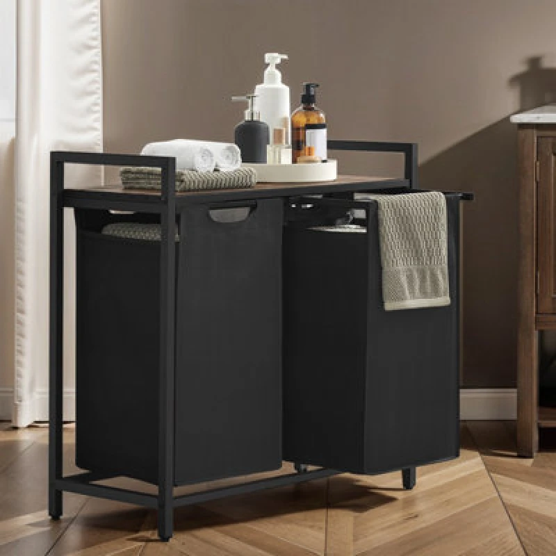 Image of LEDREM Dirty Laundry Basket, 2 Compartments, Bin, With 2 Removable Oxford Cloth Bags, Metal Frame, 2 X 46 Litres