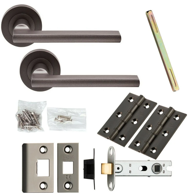 Image of Loops Door Handle & Latch Pack Matt Bronze Plinth Mounted Bar Screwless Round Rose Multi
