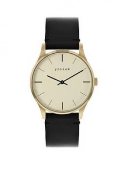 Image of Jigsaw Jigsaw Champagne With Black And Gold Detail Dial Black Leather Strap Ladies Watch