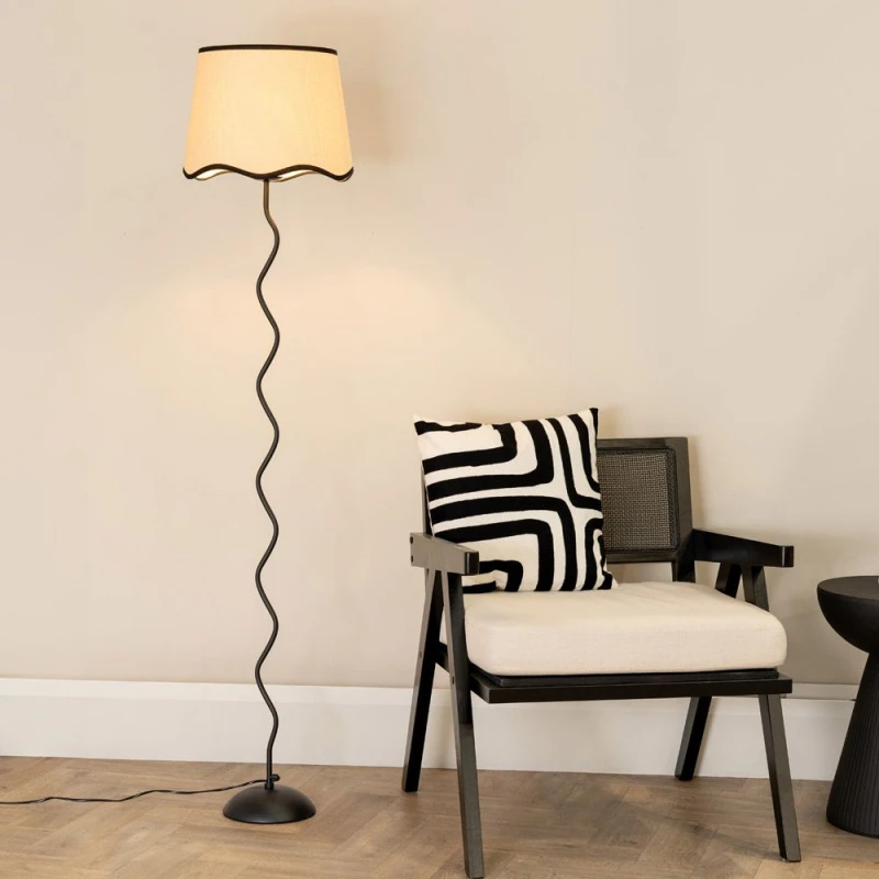 Image of ValueLights Wiggle Black Metal Stem Floor Lamp with Linen Scallop Trim Tapered Lamp Shade Black