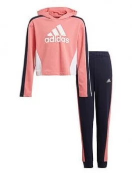 Image of adidas Girls Hooded Crop Tracksuit - Pink, Size 11-12 Years, Women