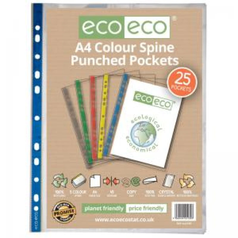 Image of Eco Eco 100% Recycled Colour Spine Punched Pocket A4 Clear (25 Pack) eco130-S