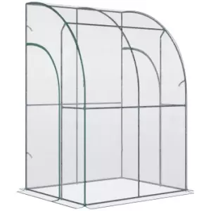Image of Outsunny Outdoor Walk-In Lean to Wall Tunnel Greenhouse with Zippered Roll Up Door PVC Cover Sloping Top, Clear, Green 143cm x 118cm x 212cm