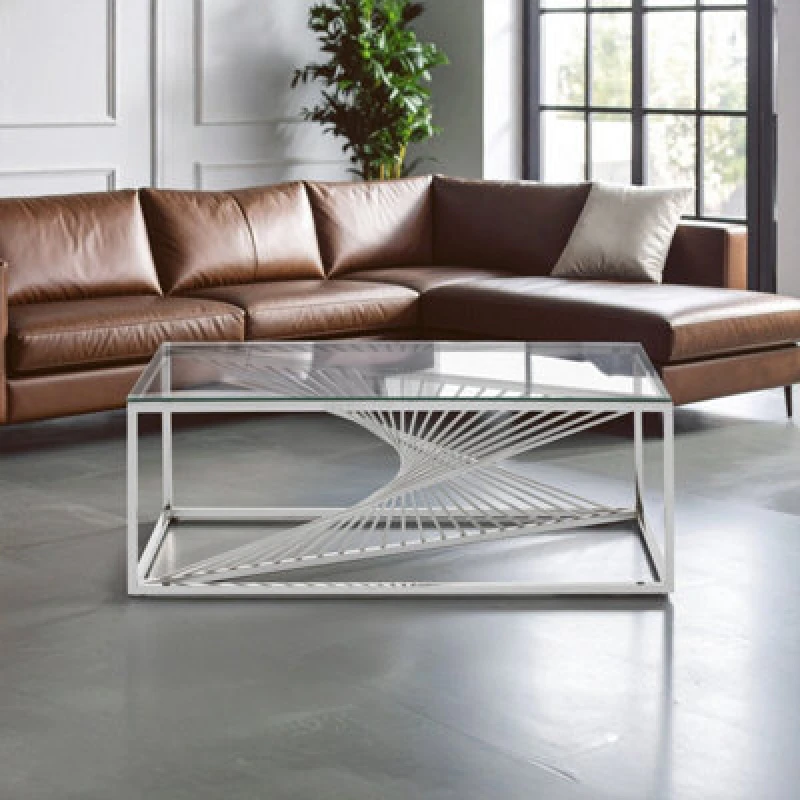 Image of Orsina Coffee Table With Silver Finish Frame, Modern Coffee Table With Glass Top, Staircase Hallway Coffee Table