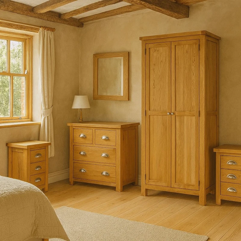 Image of Birlea Brown Wooden 4 Piece Furniture Set Wardrobe Chest of Drawers Bedsides Woburn Brown Unisex