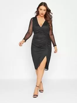 Image of Yours Party Glitter Mesh Body Con Wrap Dress - Black, Size 20, Women