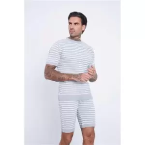 Image of I Saw It First Grey Knitted Striped T-Shirt & Short Set - Grey