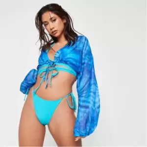 Image of Missguided Tie Dye Mesh Tie Front Beach Cover Up Top - Blue