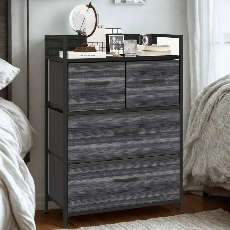 Image of FURNOS Industrial 4 Fabric Drawer Chest Storage Unit With Shelftop Black Unisex