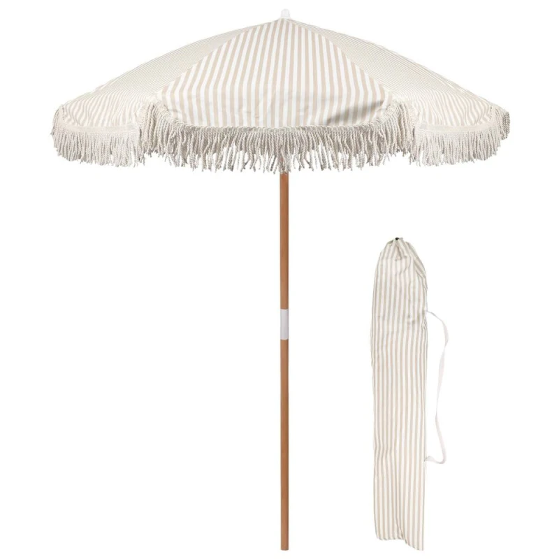 Image of Harbour Housewares 1.4M Wooden Garden Parasol with Tassel Fringe with Carry Bag - UPF30+ in Beige Beige Unisex