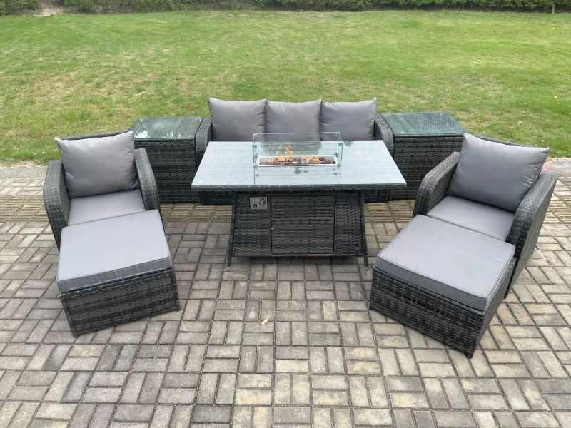 Image of Fimous Wicker Rattan Garden Furniture Sofa Set Gas Fire Pit Dining Table Indoor Outdoor with 2 Side Table Chair 2 Big Footstool Dark Grey