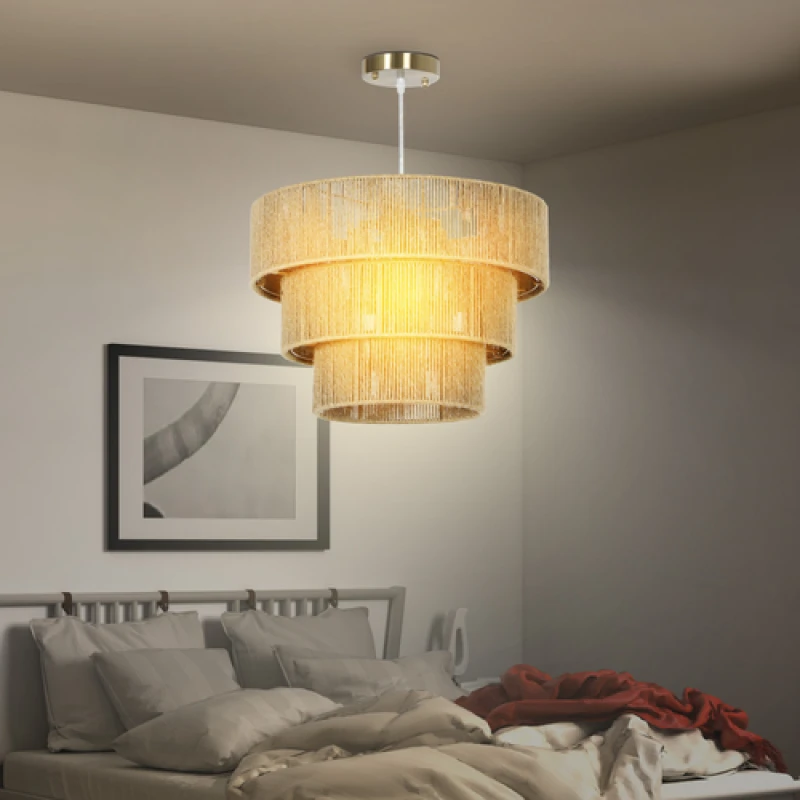 Image of HOMCOM Boho Hemp Rope Pendant Light, Ceiling Light for Bedroom, Light Brown, Brown B31-523V00LR