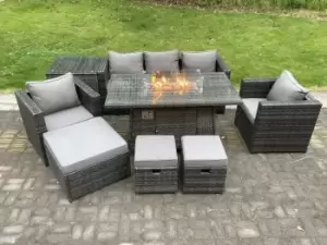 Image of Fimous 5 Seater Outdoor Dark Grey Wicker PE Rattan Lounge Complete Sofa Set with Gas Fire Pit, 2 Stools and Big Footstool