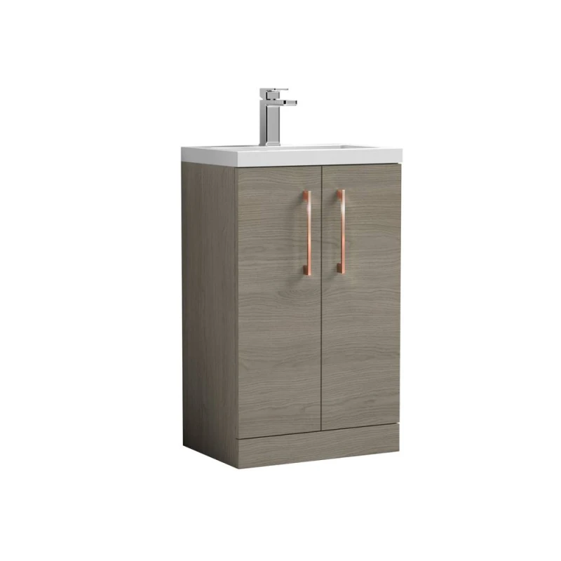 Image of Balterley Level Compact Bathroom Cloakroom Vanity Basin Unit With Ceramic Basin, Copper Handles, 500mm, Mid Oak