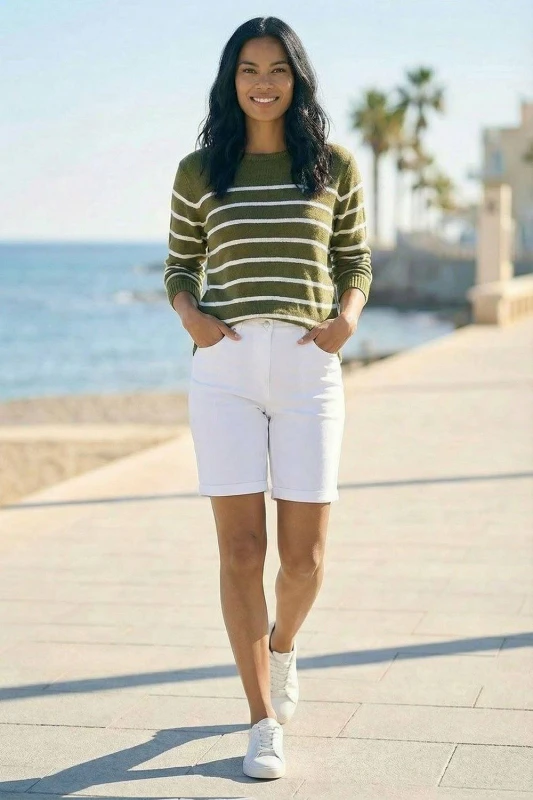 Image of Roman Womens Slash Neck Stripe Knit Jumper in Khaki Size: Medium Khaki Female M