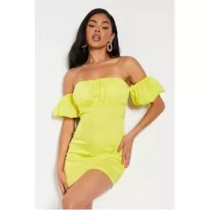Image of I Saw It First Satin Ruched Bust Bardot Puff Sleeve Tie Back Bodycon Dress - Yellow