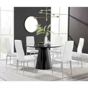 Image of Furniture Box Palma Black Semi Gloss Round Dining Table and 6 White Milan Chrome Leg Chairs