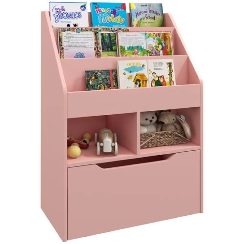 Image of HOMCOM HOMCOM Kids Bookcase, Toy Box w/ Storage Drawer, Wheels for Bedroom - Pink