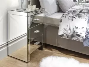 Image of GFW Venetian Clear Glass 3 Drawer Mirrored Bedside Cabinet Assembled