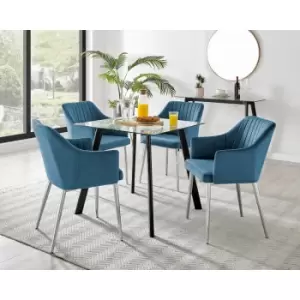 Image of Furniturebox UK - Furniturebox Seattle Glass and Black Metal Leg Square Dining Modern Industrial Dining Table & 4 Blue Calla Silver Leg Velvet Chairs