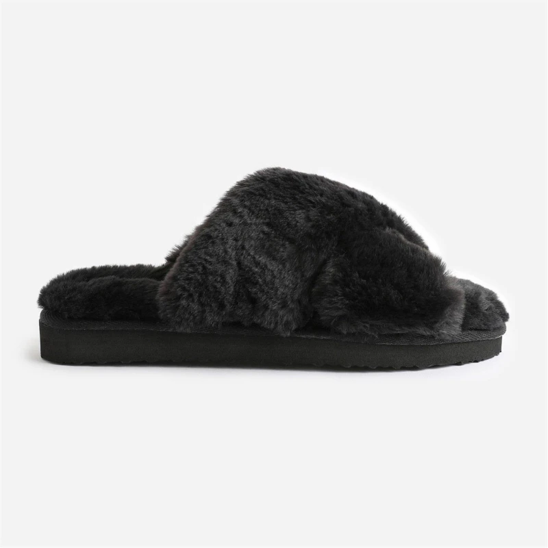 Image of Where's That From 'Cuddle' Cross Over Fluffy Slippers Black
