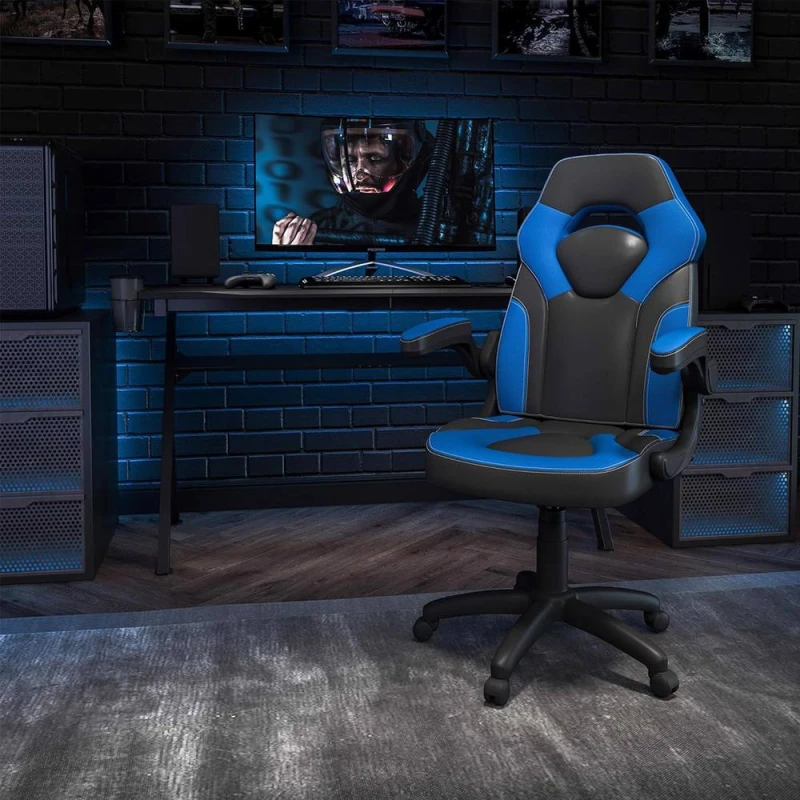 Image of FWStyle Black & Blue Faux Leather Racer Style Deluxe Gaming Chair Blue Unisex