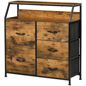 Image of HOMCOM Bedroom Chest of Drawers, Industrial 5 Fabric Drawer Dresser with Open Shelf for Living Room, Rustic Brown