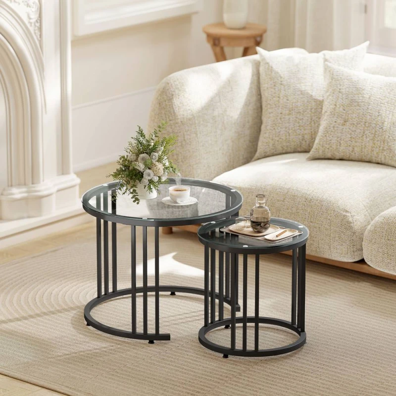 Image of HOMCOM 2 Pieces Round Nesting Coffee Tables with Tempered Glass Top, Black Size: 60cm x 60cm Black Unisex 60cm x 60 cm